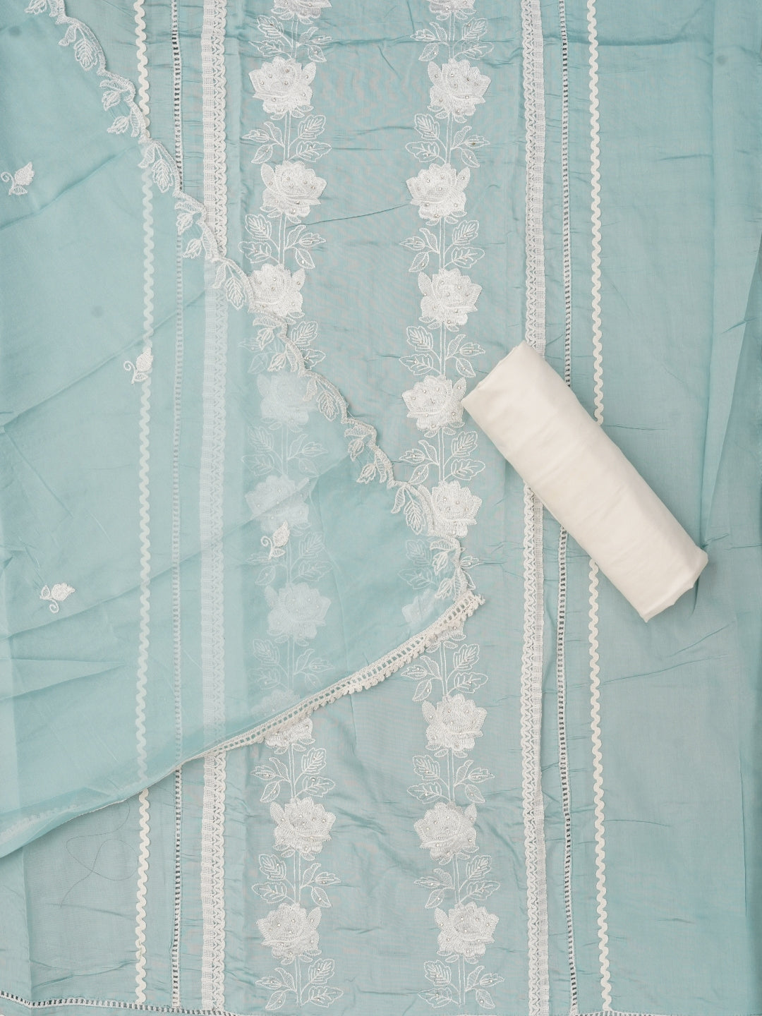 Teal Blue Unstitched Floral Embroidery Silk Blend Dress Material with Dupatta