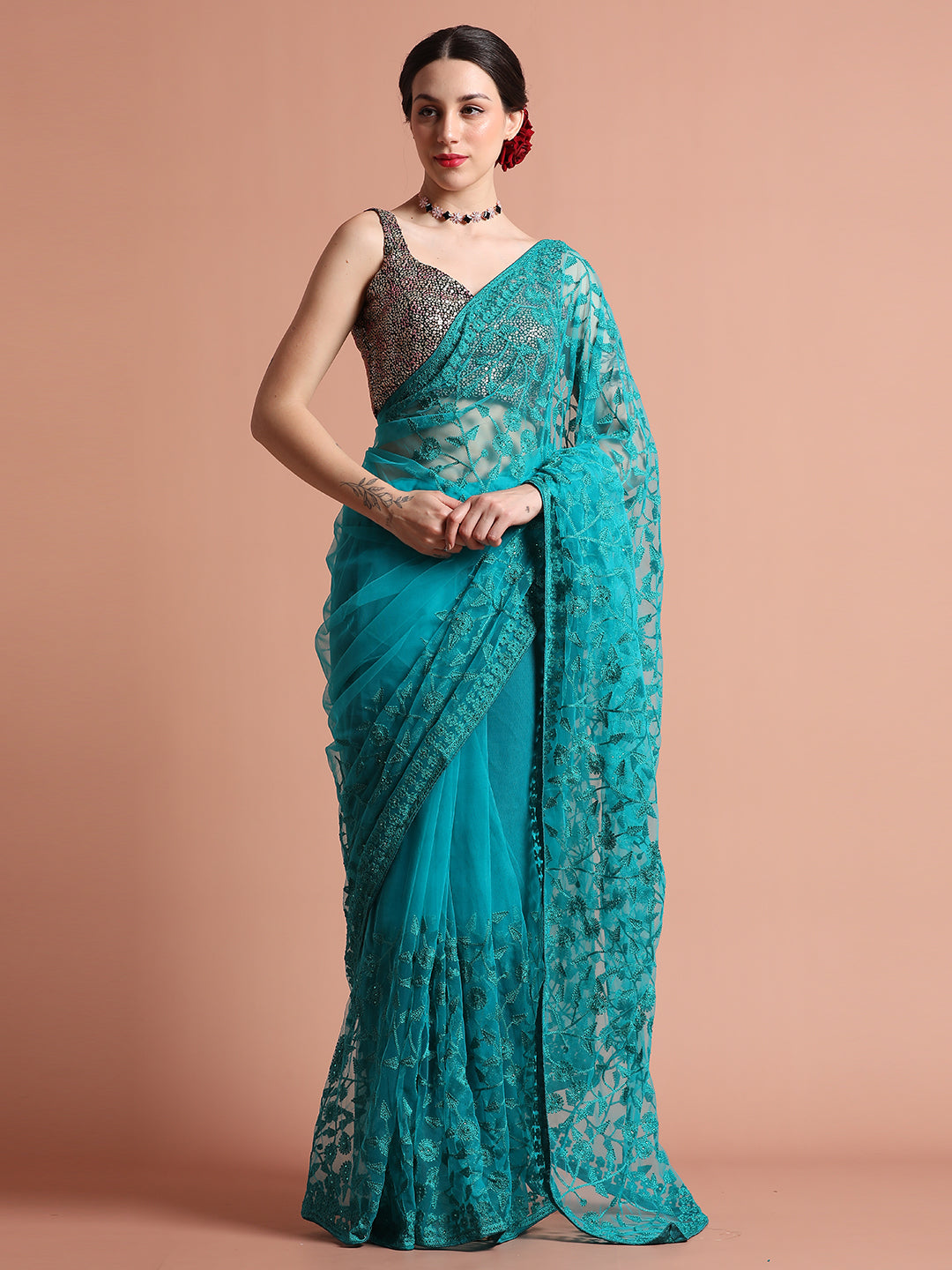 Firoji Party Wear Floral Embroidered Net Saree