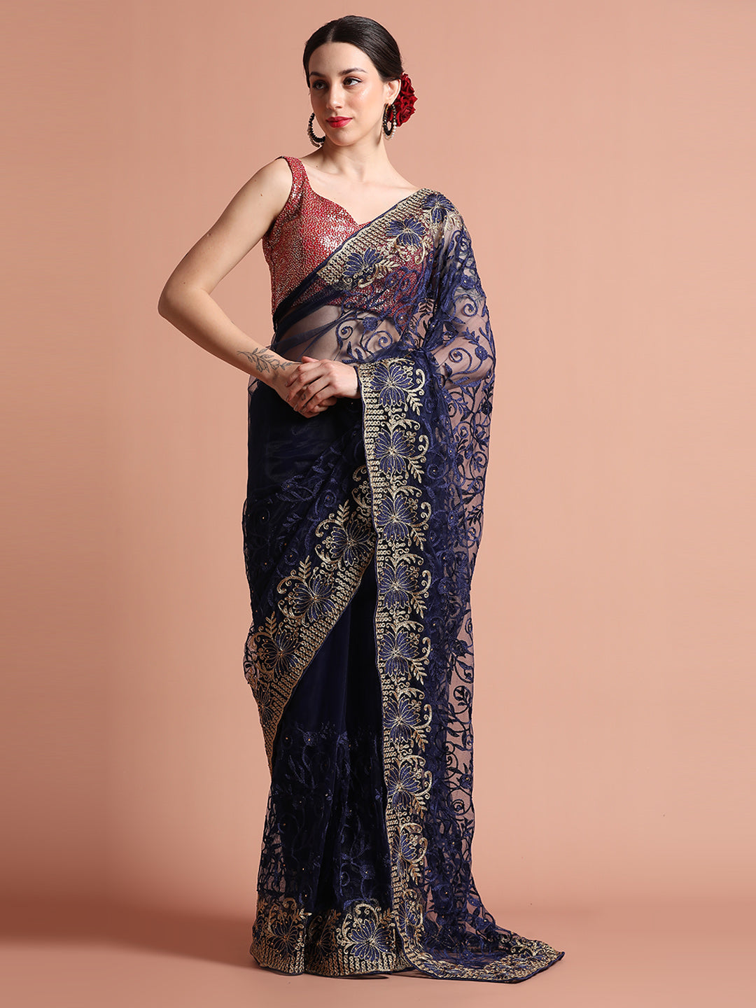 Navy Blue Heavy Floral Embroidered Net Party Wear Saree