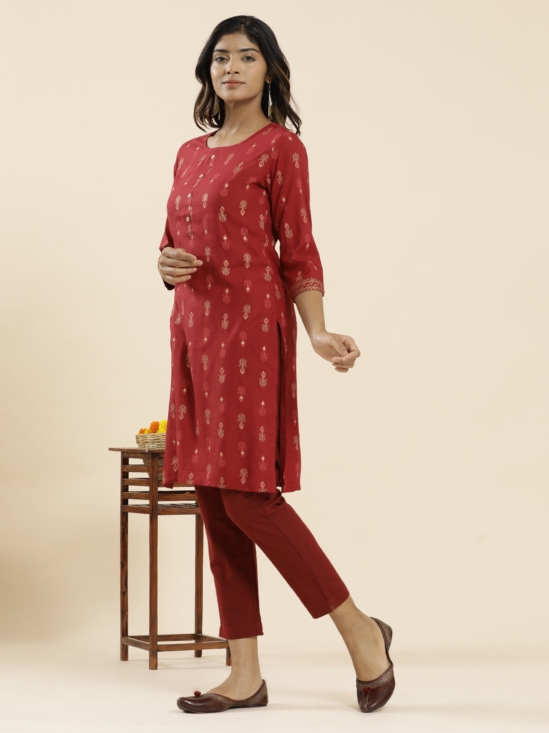 Rust Ethnic Motif Printed Straight Kurta