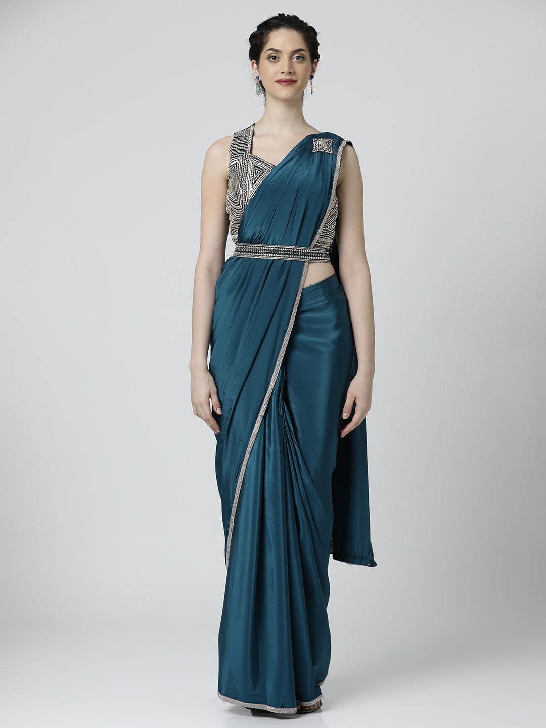 Light Teal Pure Crepe Readymade Saree with Readymade Blouse