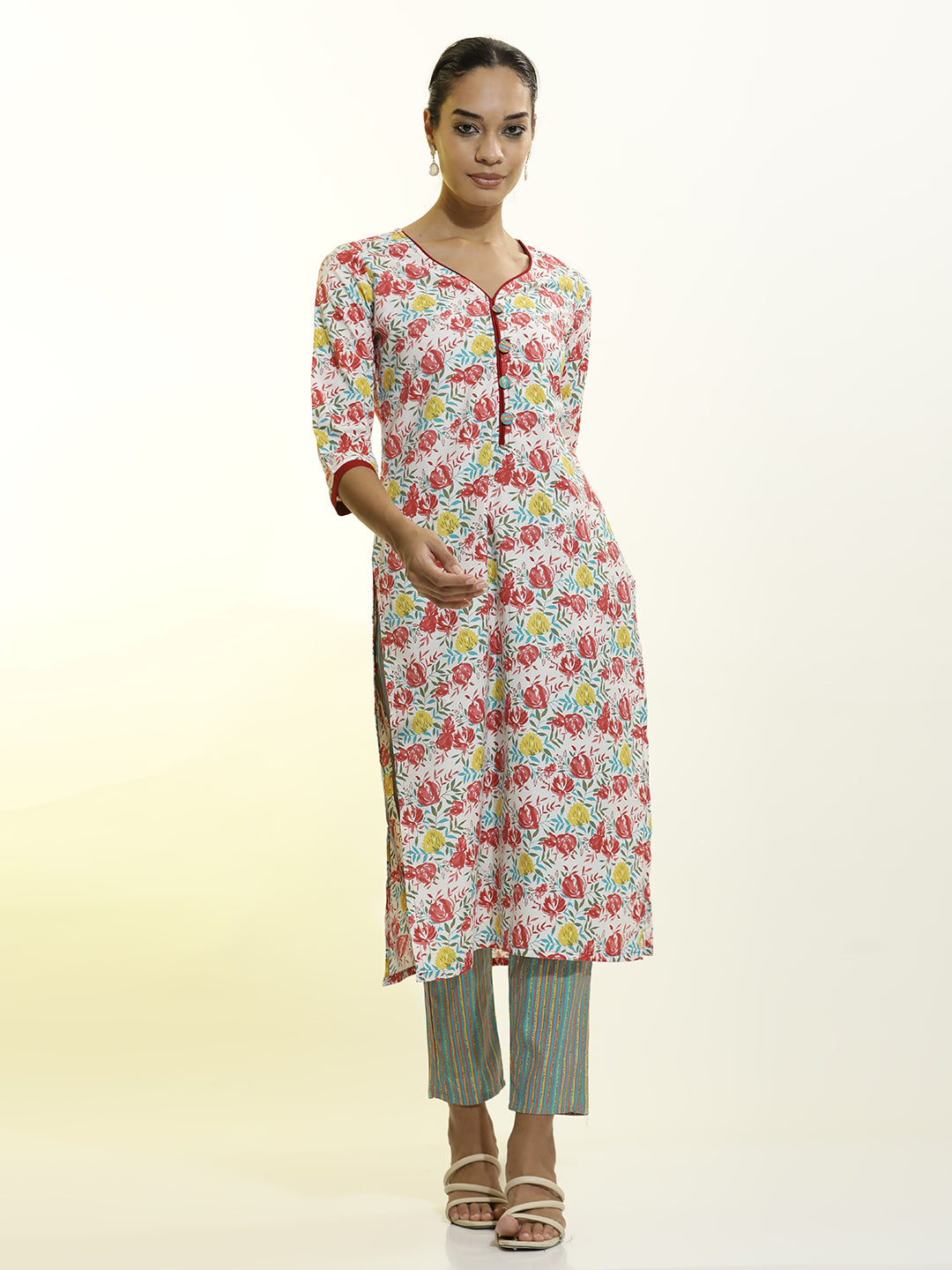 White Floral Printed Cotton Blend Kurta Set