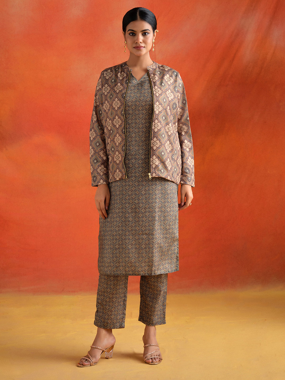 Olive Green Geometric Printed Kurta Set With Jacket Co-ord Set