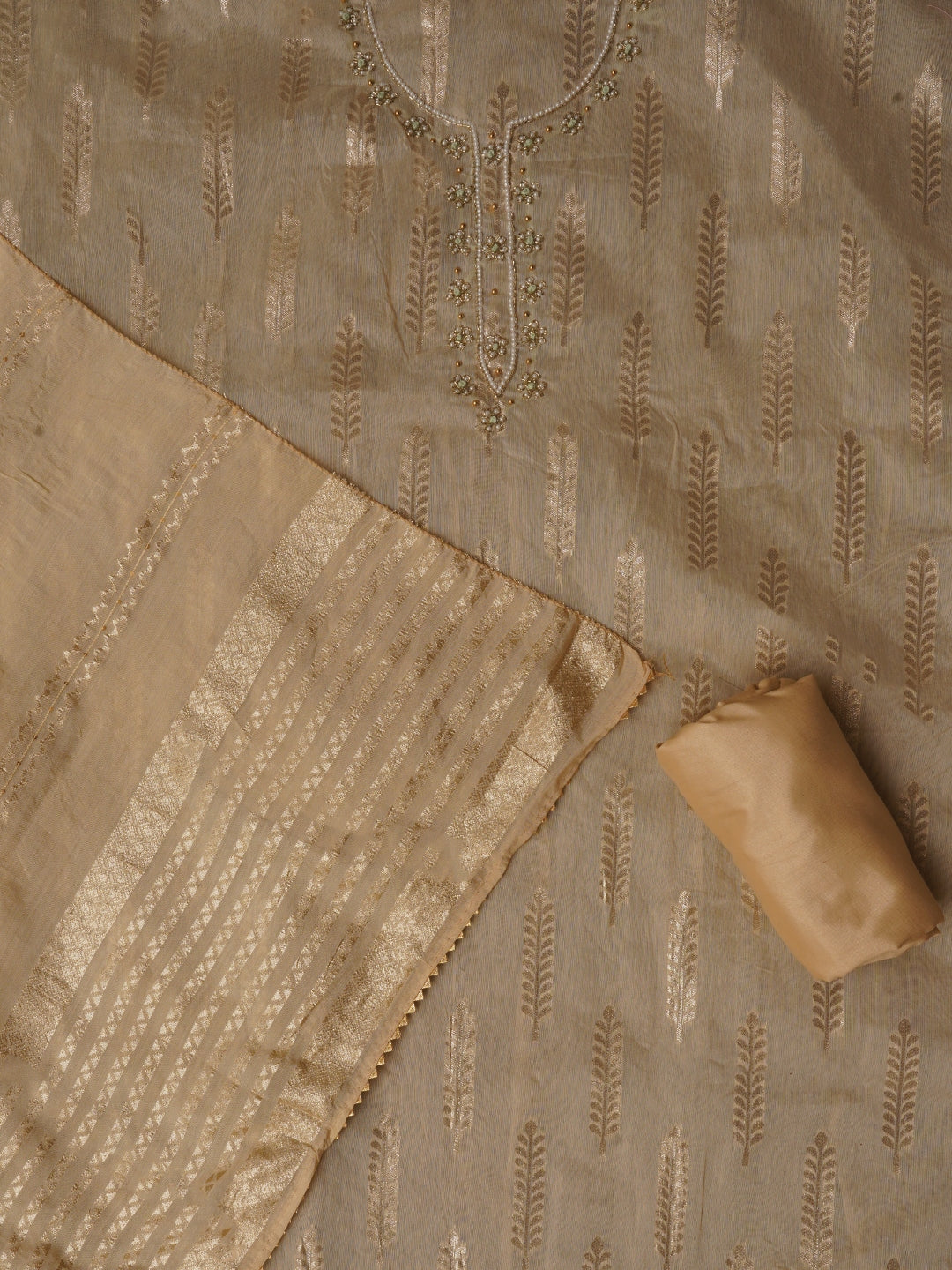 Beige Unstitched Zari Silk Blend Dress Material With Dupatta