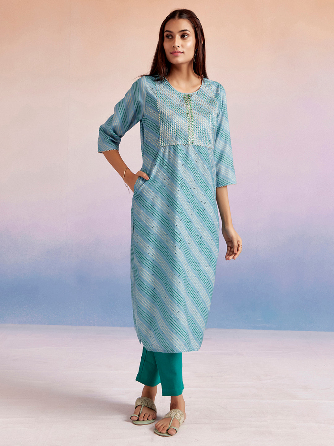 Leheriya Printed Schiffli Blue Straight Kurta