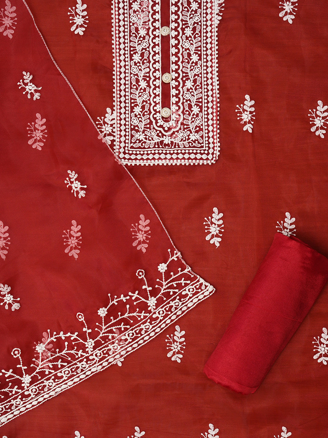 Maroon Unstitched Embroidered Organza Dress Material With Dupatta