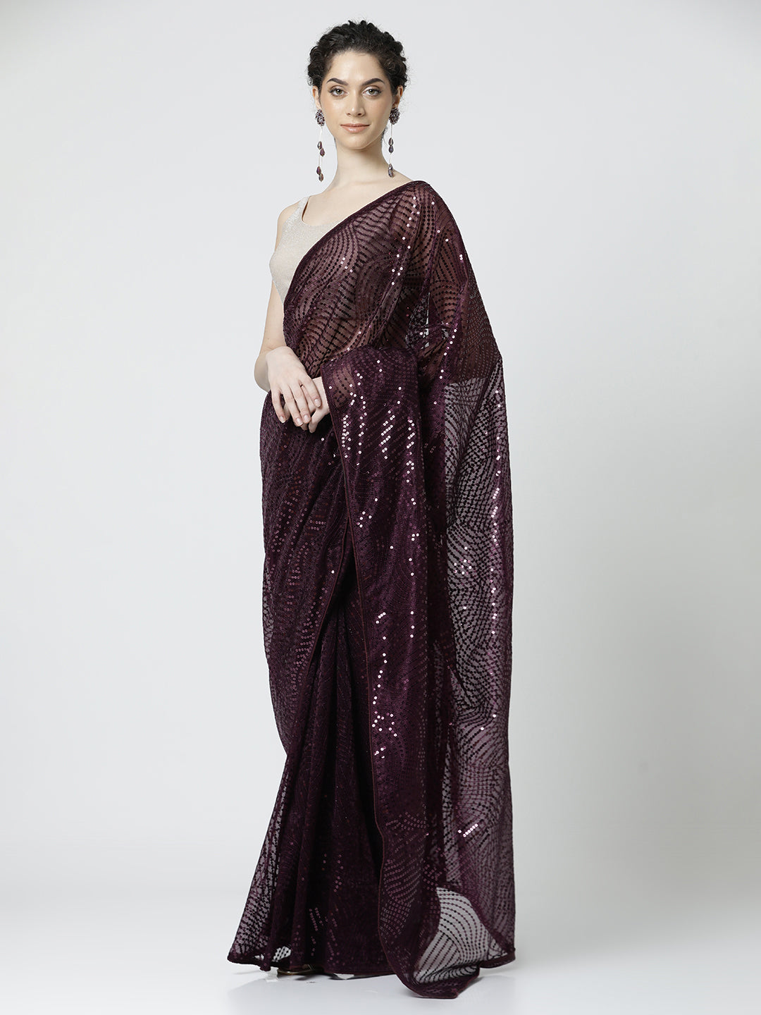 Purple Sequin Embellished Georgette Saree