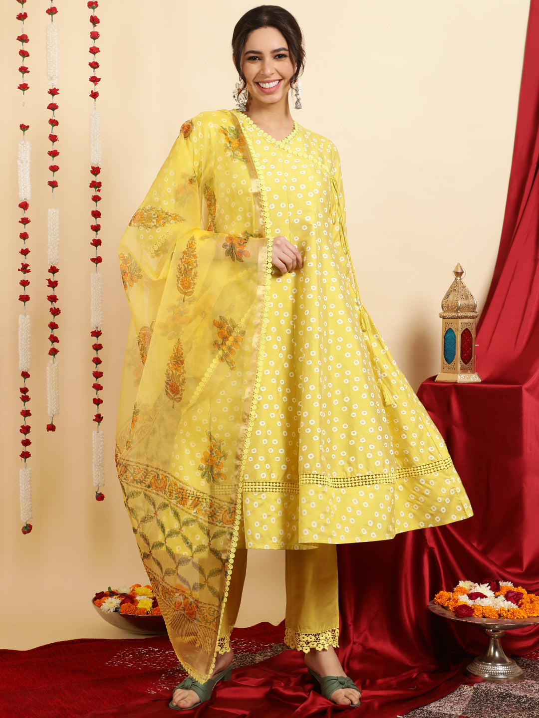 Festive Printed Anarkali Kurta Set With Handblock Dupatta