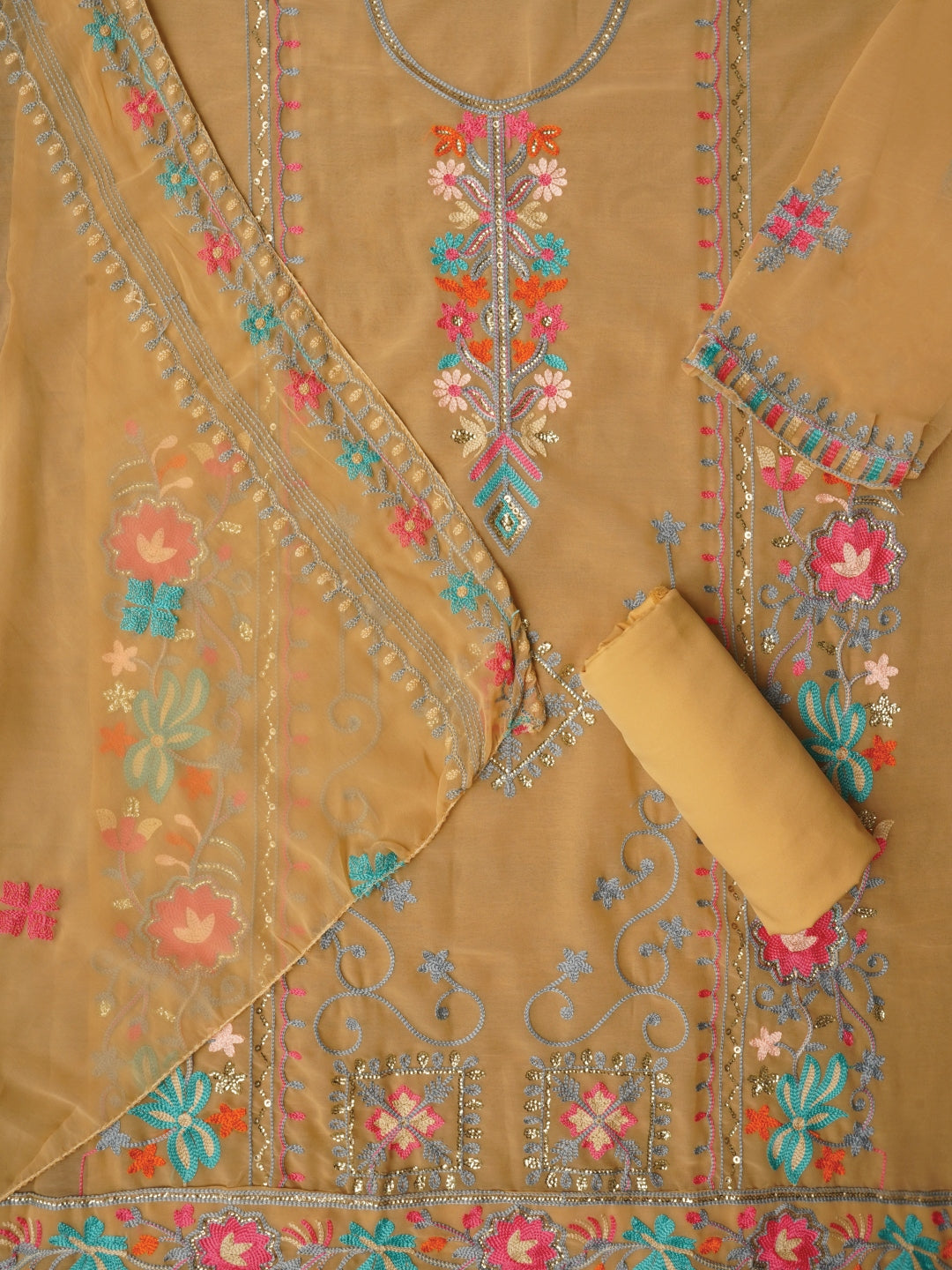 Beige Sequin Embroidered Silk Georgette Dress Material with Dupatta