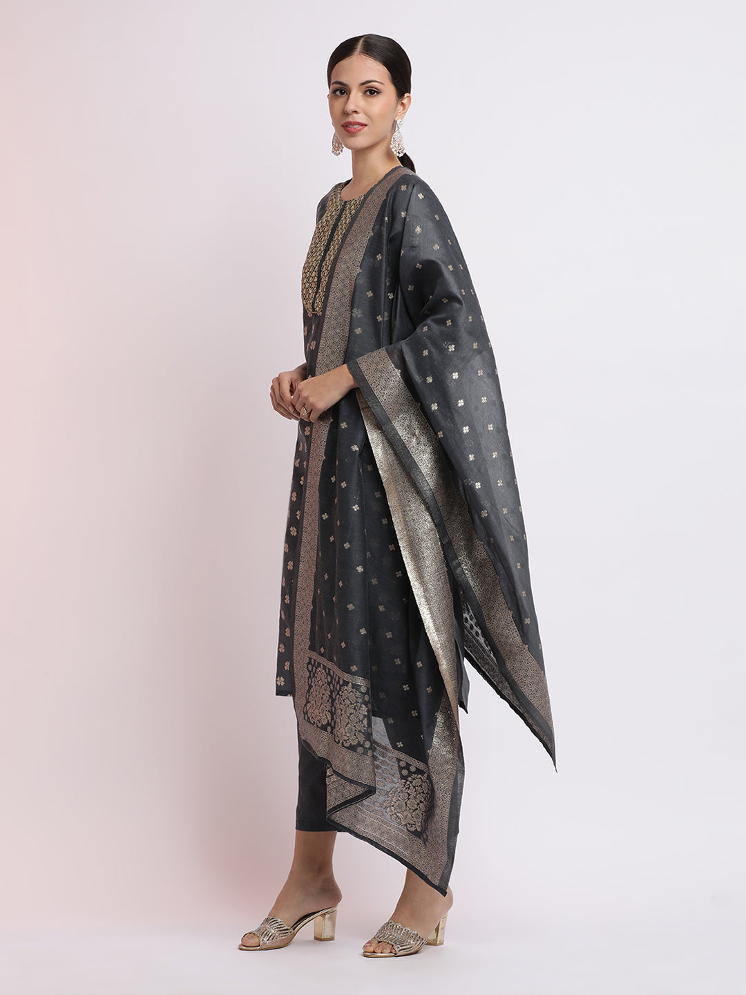 Embellished Chanderi Silk Kurta Set With Jacquard Dupatta