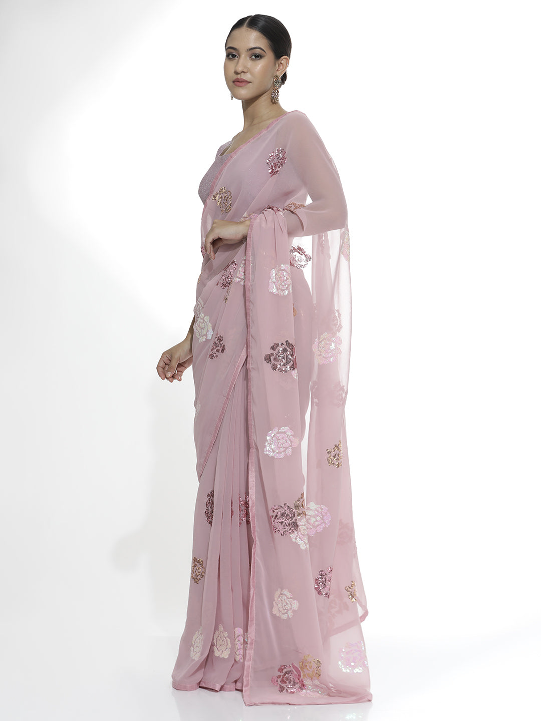 Pink Party Wear Sequin Work Georgette Saree