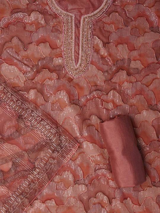 Unstitched Embroidered Peach Organza Dress Material With Dupatta