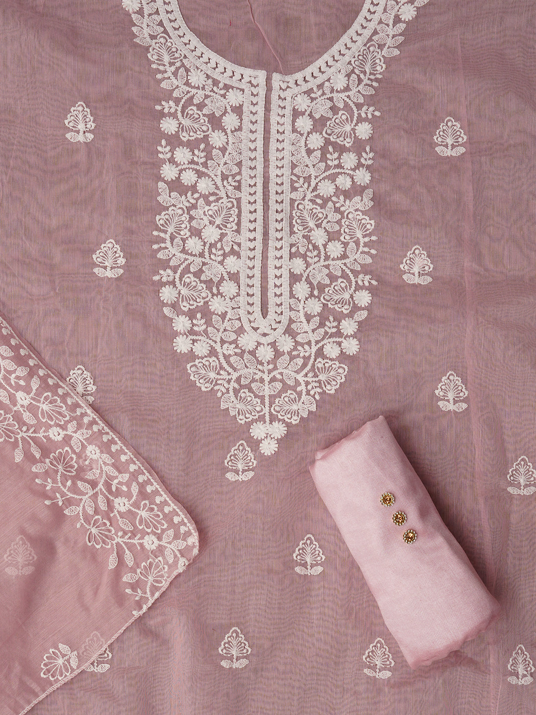 Baby Pink Unstitched Embroidered Cotton Blend Dress Material With Dupatta