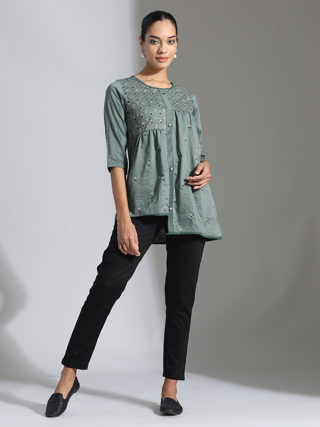 Olive Green Embroidered Party Wear Asymmetrical Top