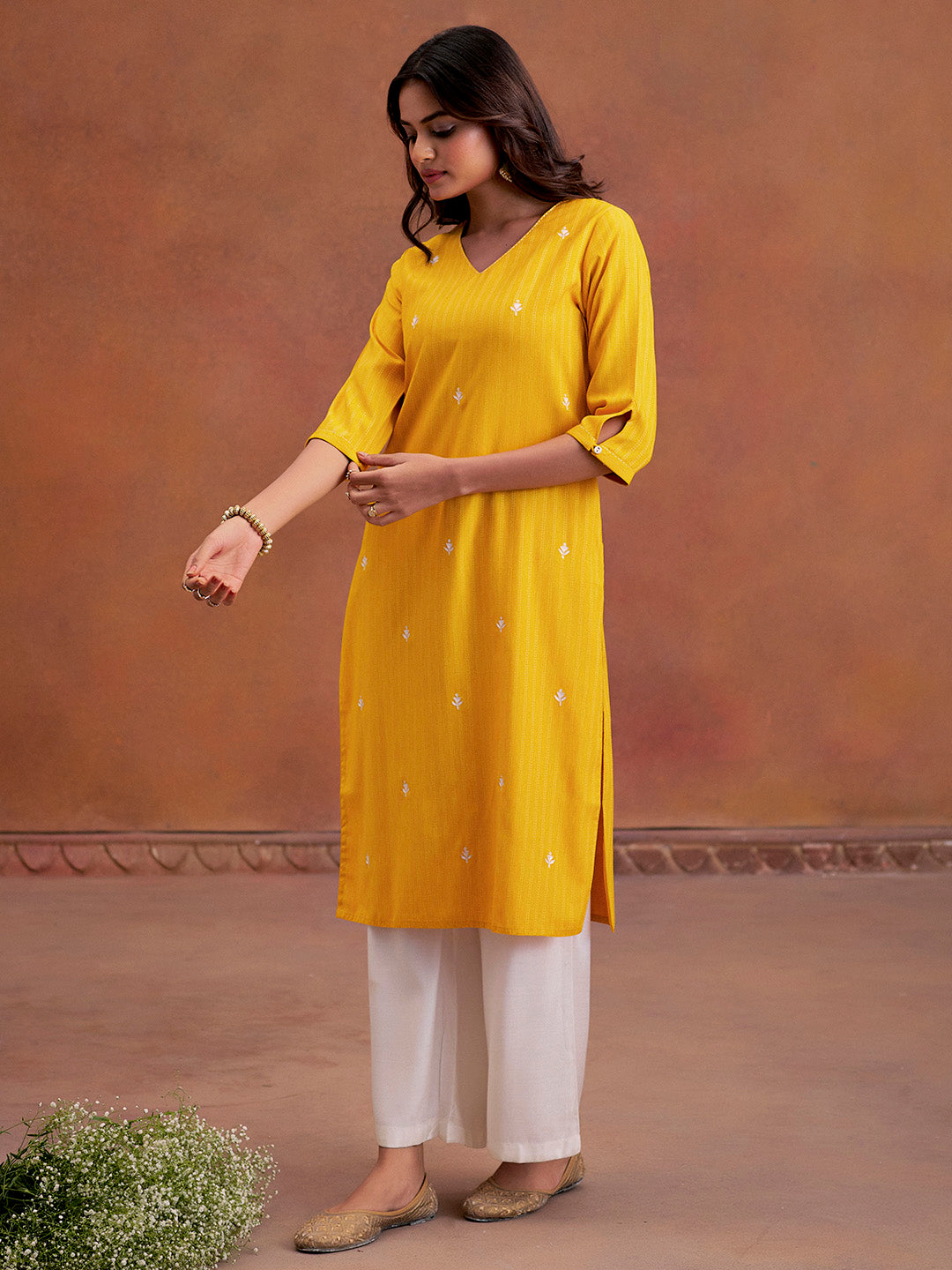 Mustard Self Woven Embroidered Straight Kurta