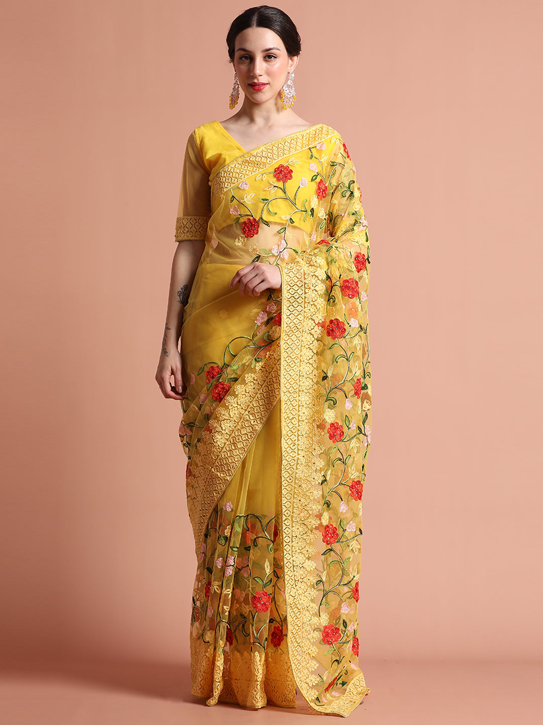 Yellow Heavy Floral Embroidered Net Party Wear Saree