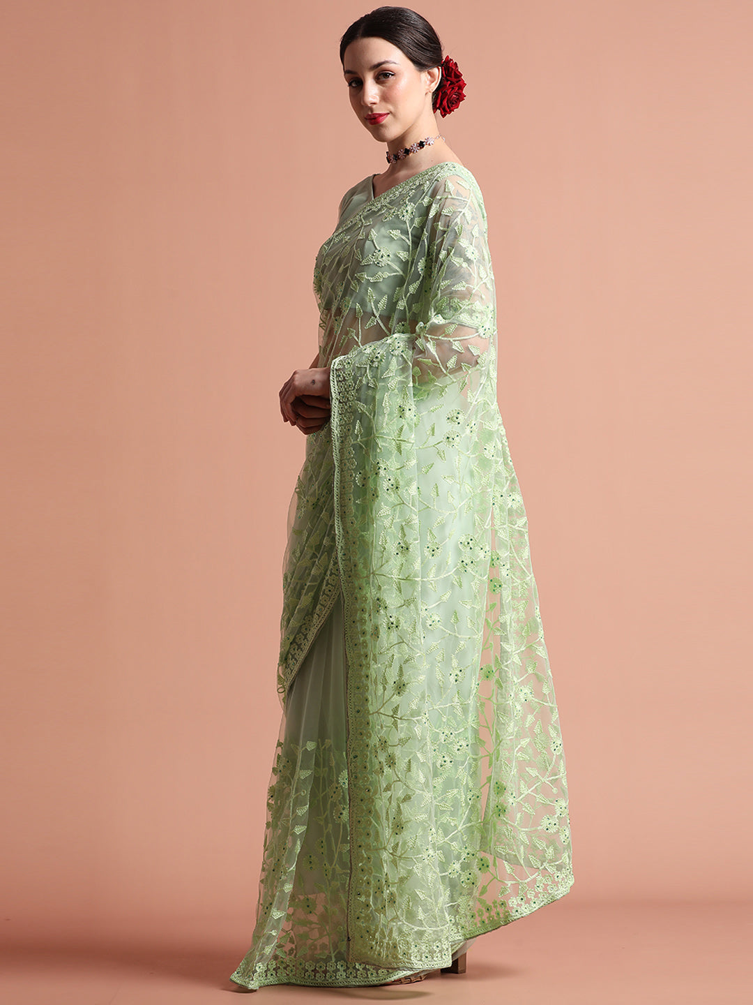 Party Wear Pista Green Floral Embroidered Net Saree