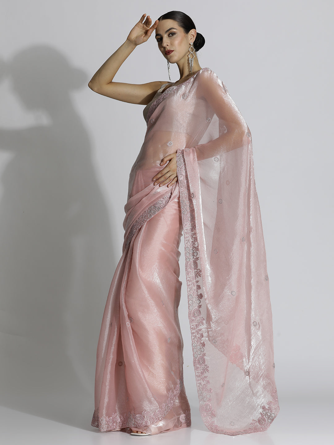 Party Wear Embroidered Tissue Pink Saree