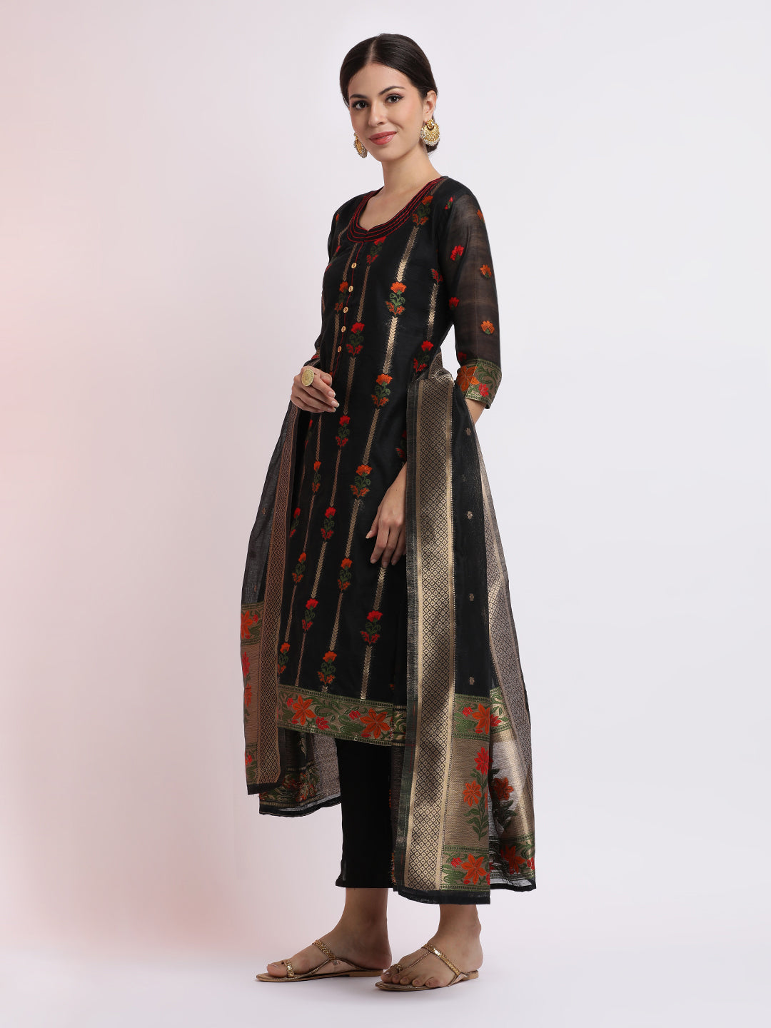 Black Embroidered Jacquard Kurta Set With Dupatta