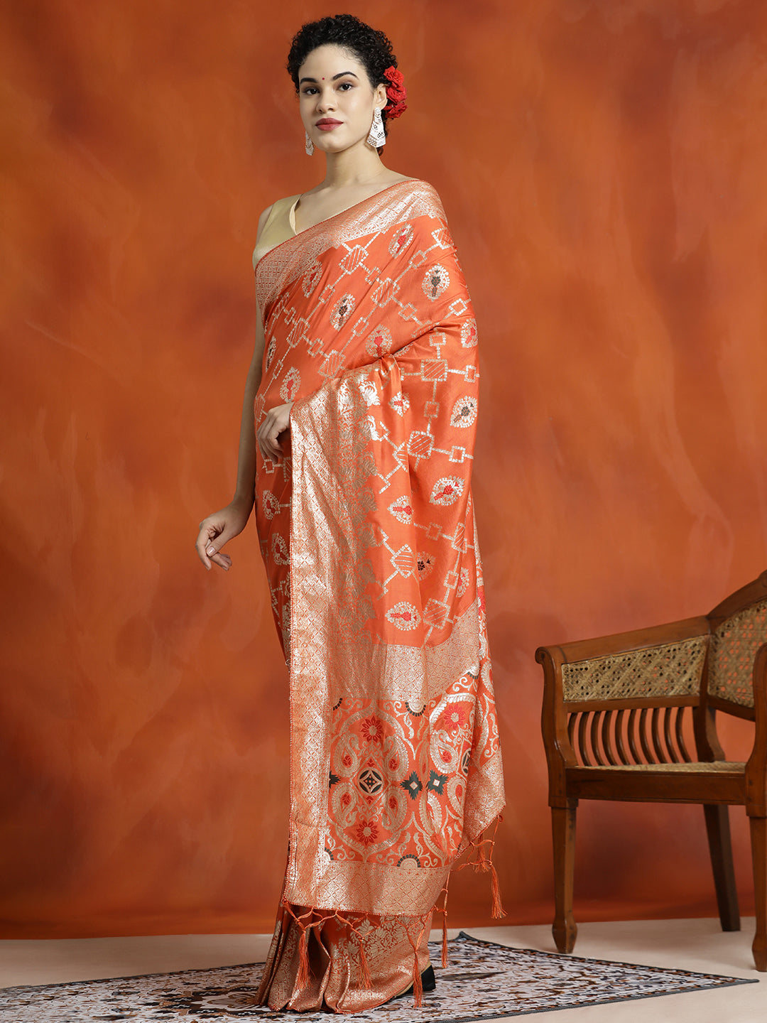 Heavy Banarasi Zari Woven Silk Blend Orange Saree