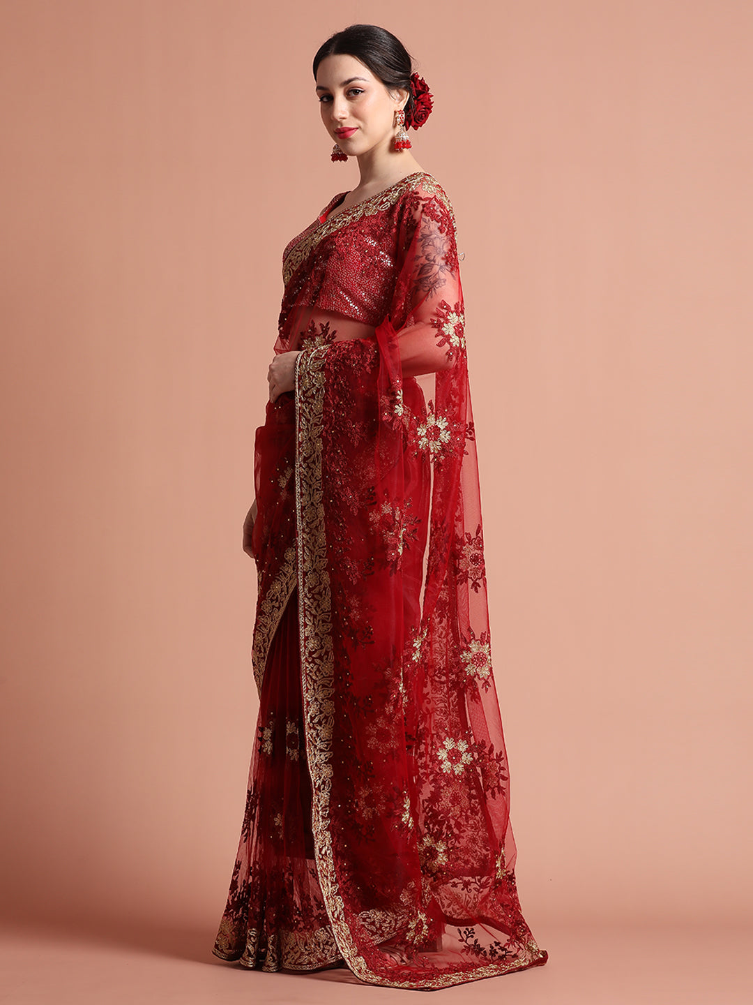 Maroon Floral Embroidered Net Party Wear Saree