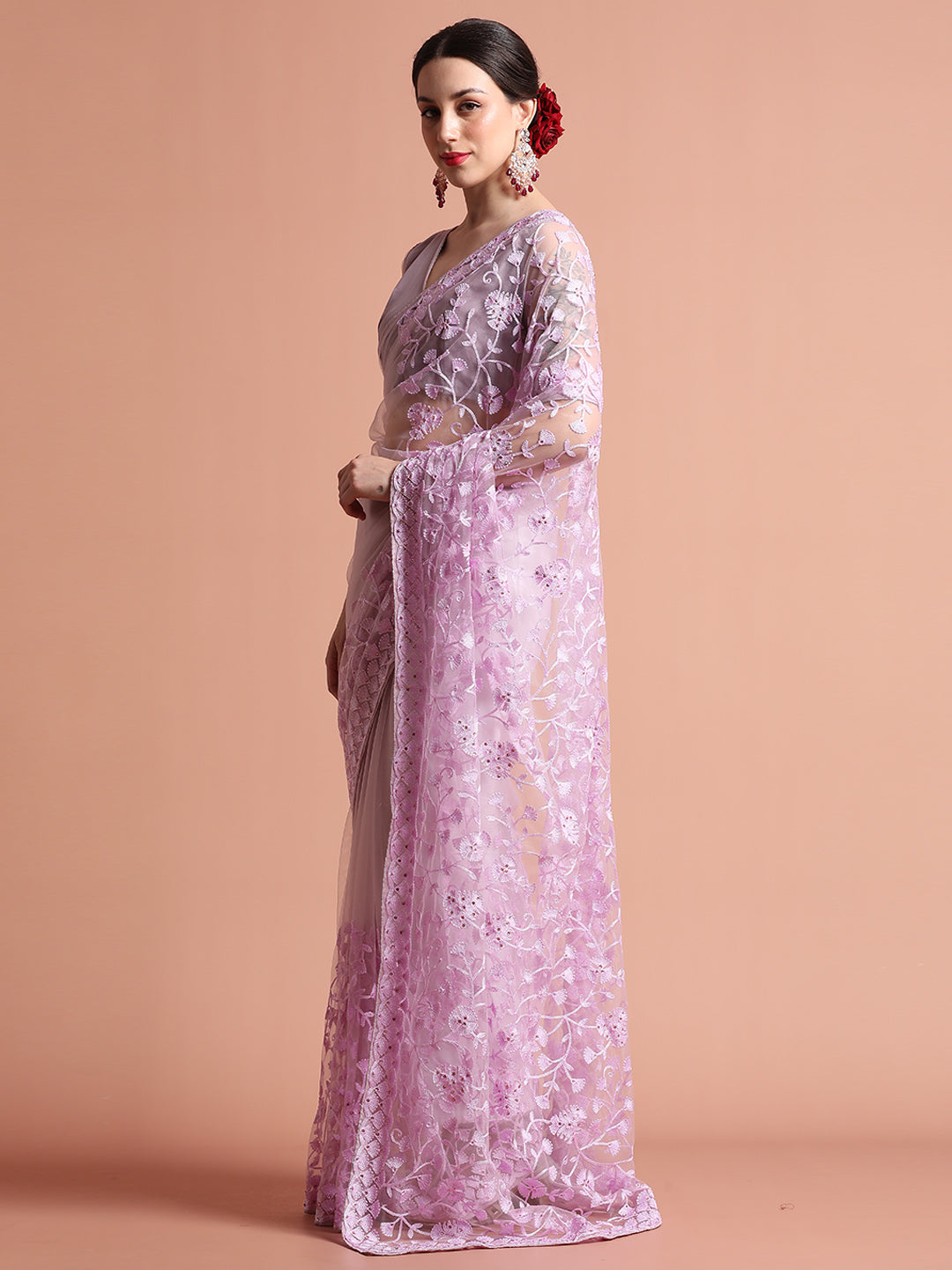 Lavender Party Wear Floral Embroidered Net Saree