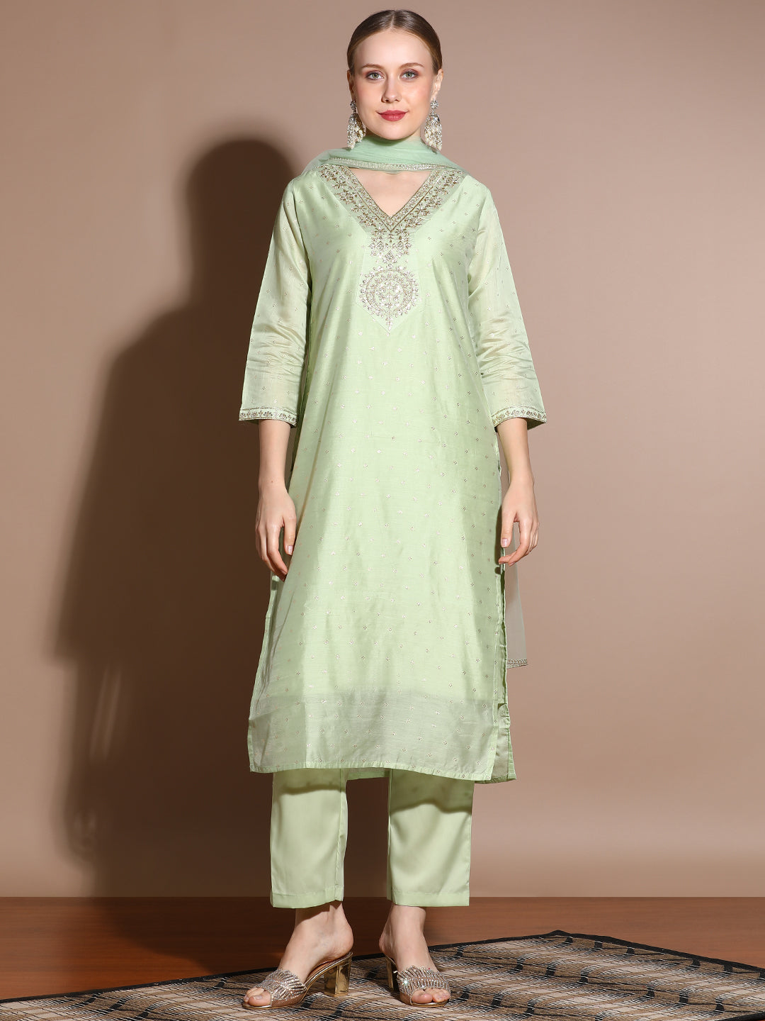 Pista Green Chanderi Woven Design Festive Kurta Set With Dupatta