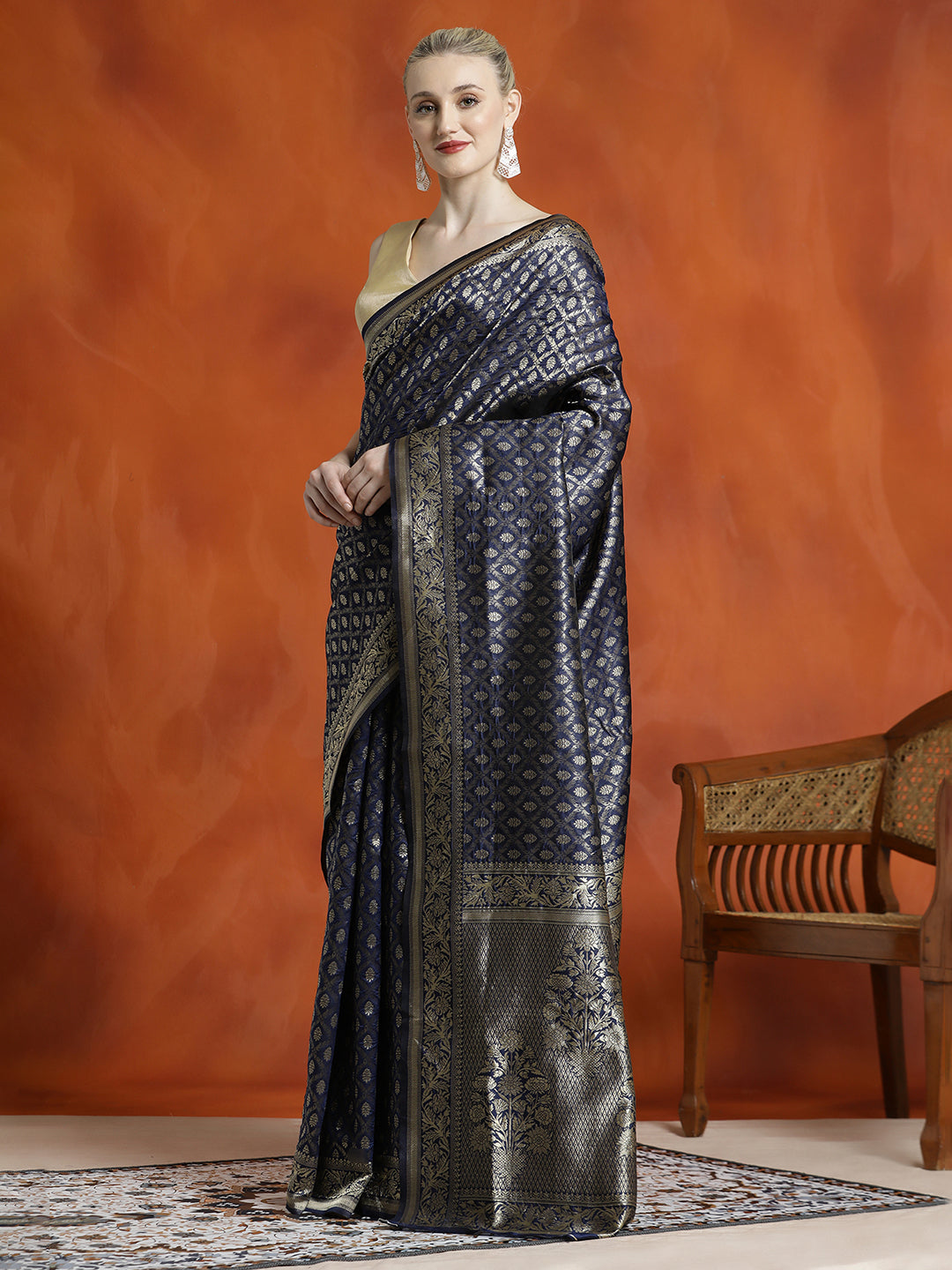 Navy Blue Silk Banarasi Zari Woven Heavy Saree