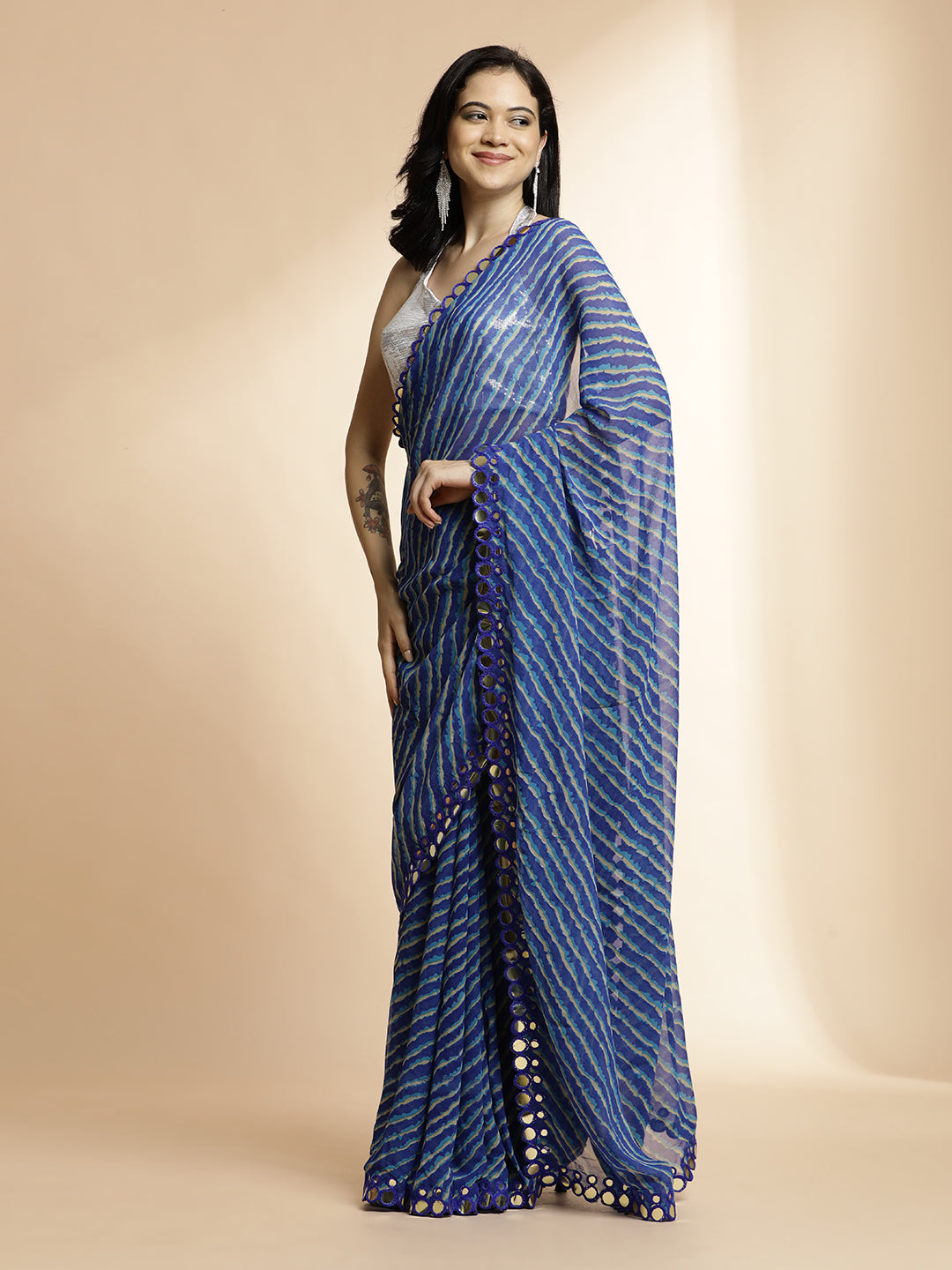 Blue Chiffon Leheriya Mirror Work Saree