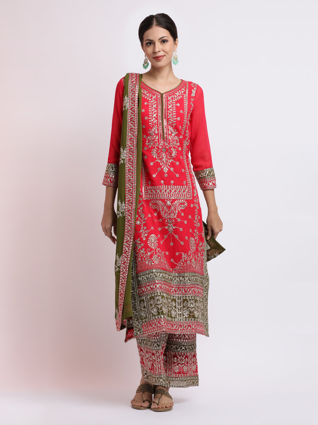 Magenta Zari Embroidered Georgette Kurta Set With Dupatta