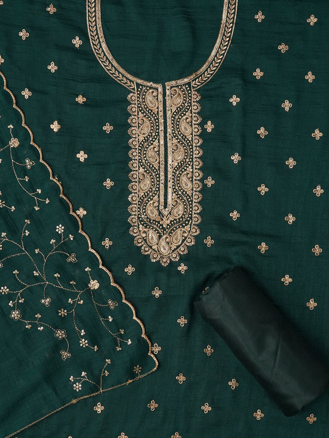 Unstitched Embroidered Cotton Blend Green Dress Material With Dupatta