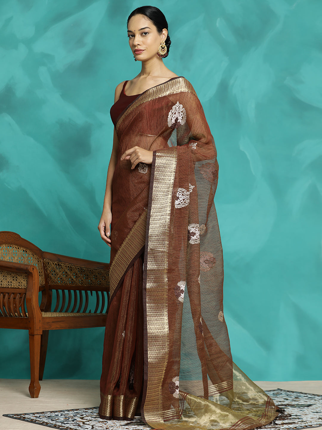 Party Wear Banarasi Organza Brown Saree