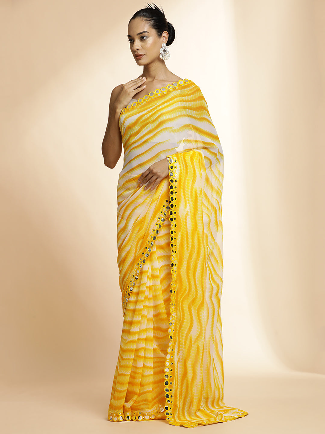 Yellow Pure Georgette Leheriya Mirror Work Saree