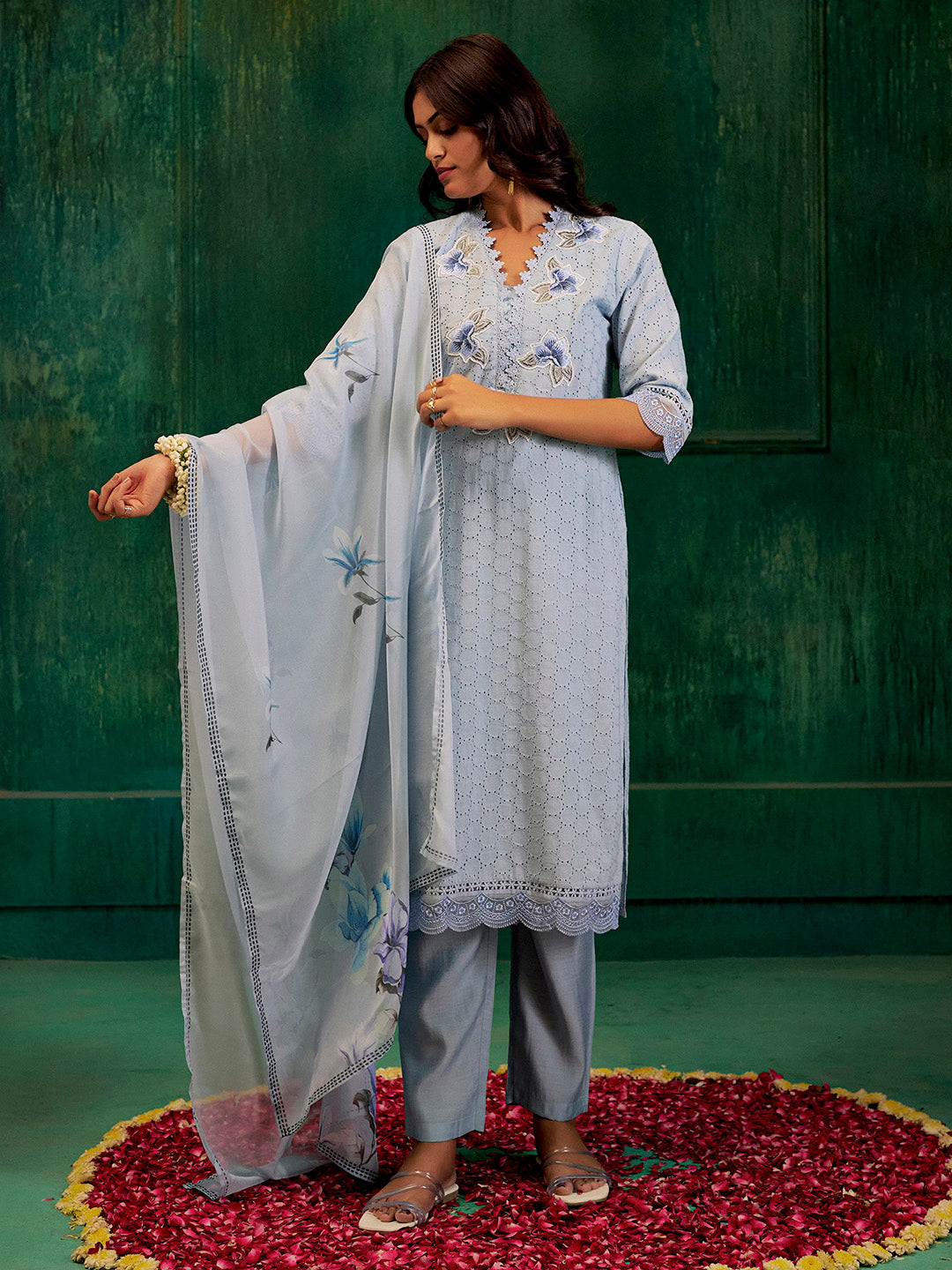 Blue Embroidered Cotton Schiffli Kurta Set With Dupatta