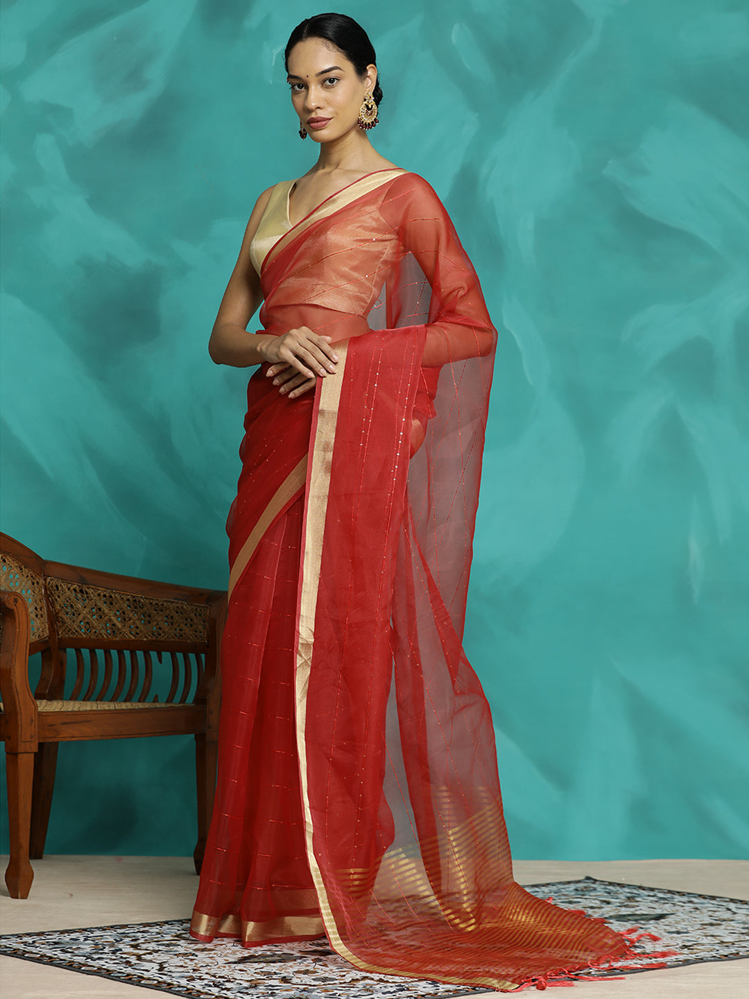 Red Sequin Embellished Organza Saree