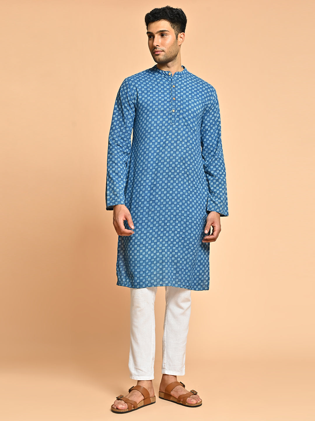 Ethnic Block Printed Cotton Blue Short Kurta