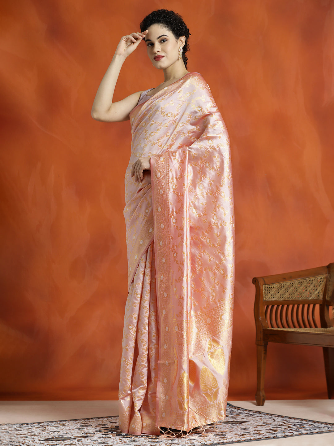 Light Peach Silk Banarasi Zari Woven Heavy Saree