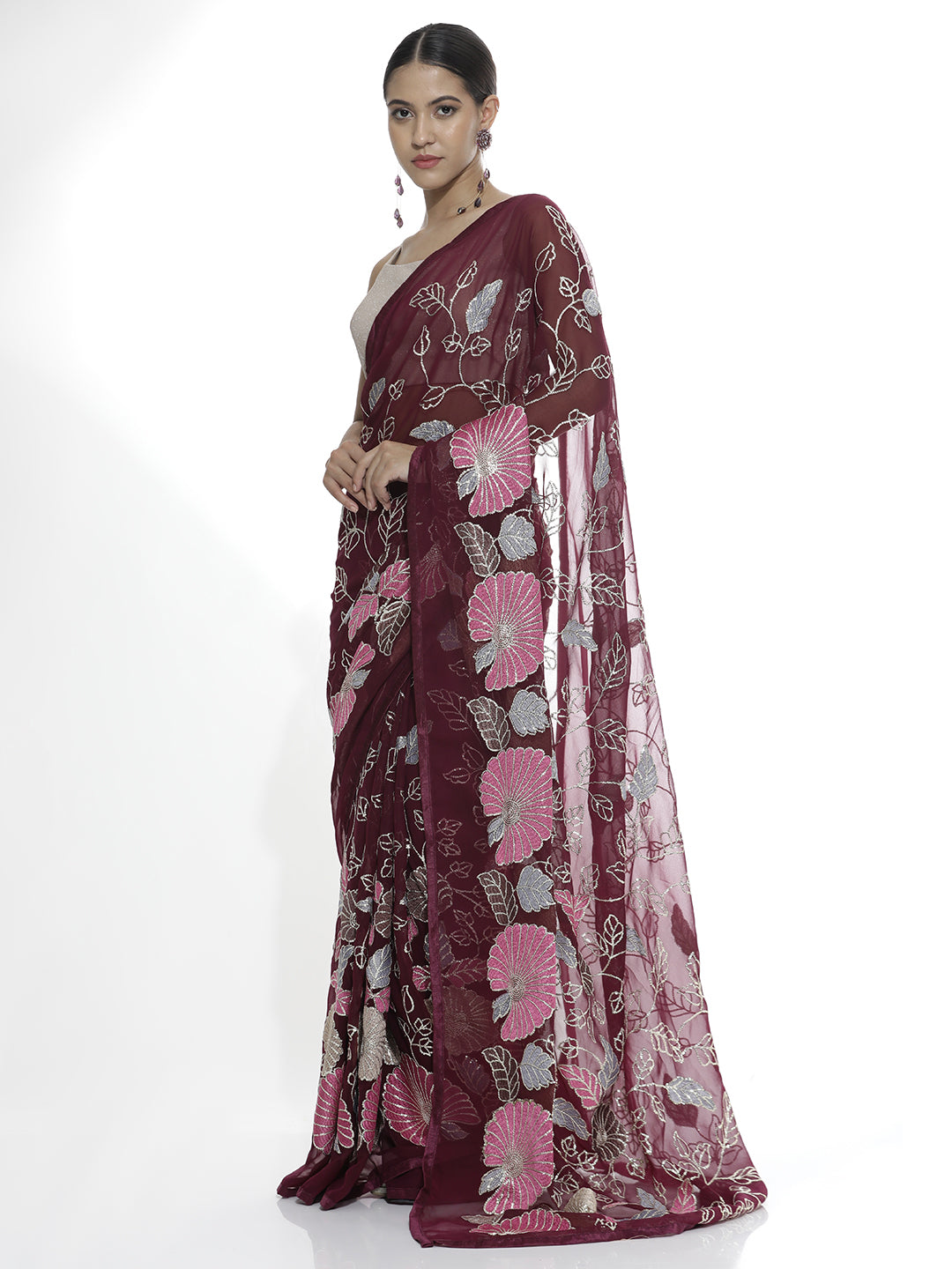 Violet Floral Sequin Work Pure Georgette Saree