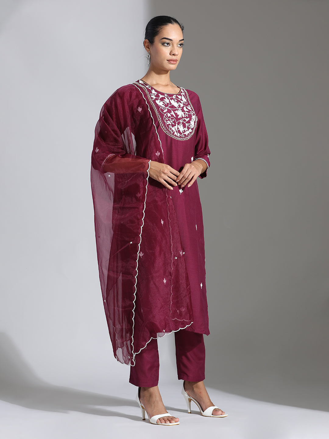 Purple Festive Silk Beadwork Embroidered Suit Set