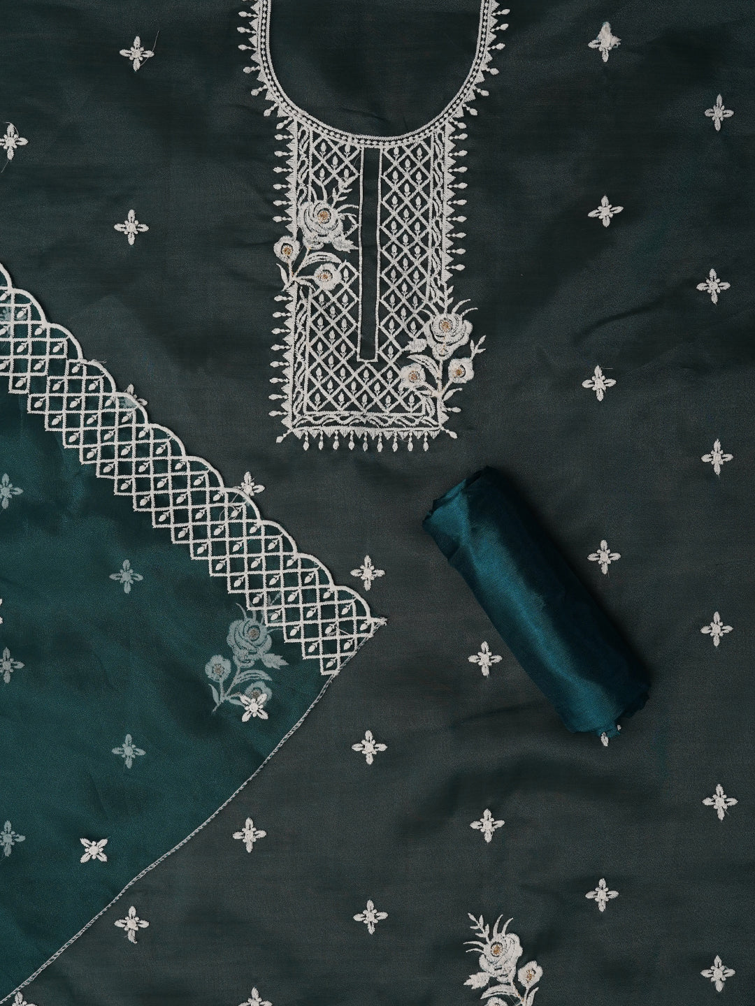 Teal Unstitched Embroidered Organza Dress Material With Dupatta