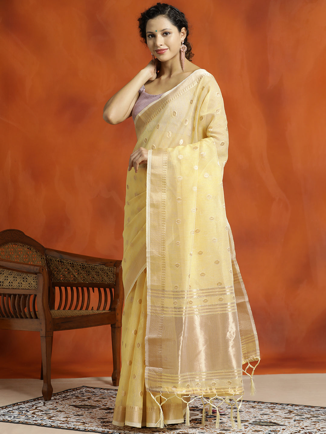 Yellow Zari Woven Design Banarasi Organza Saree