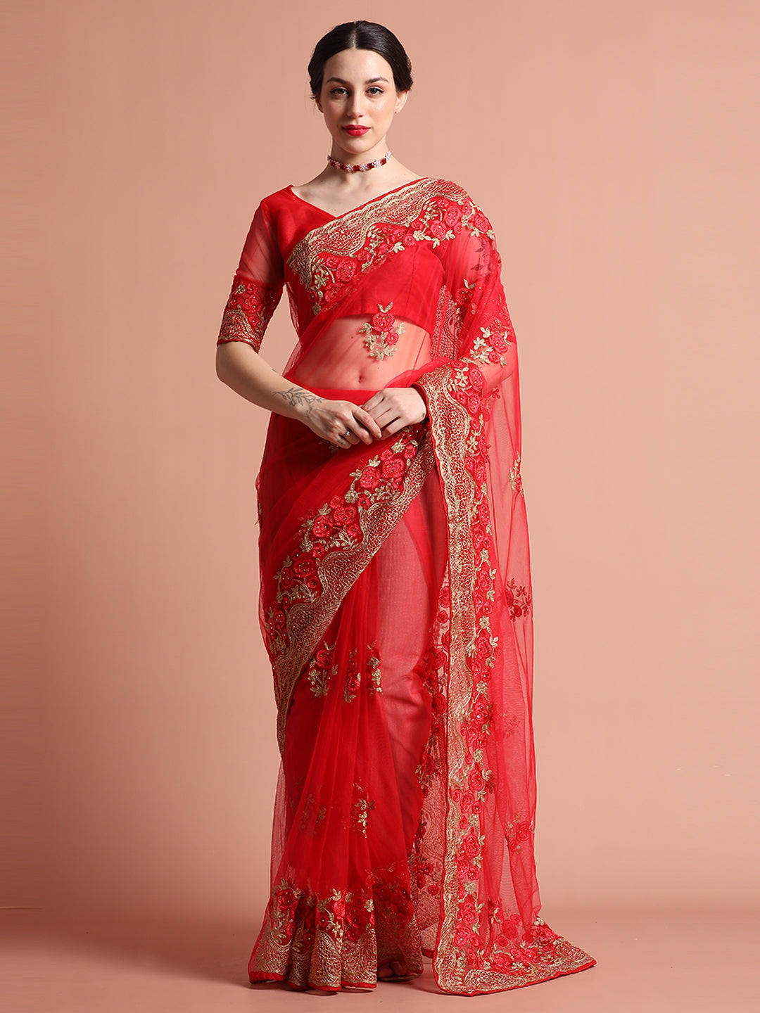 Floral Embroidered Net Party Wear Red Saree