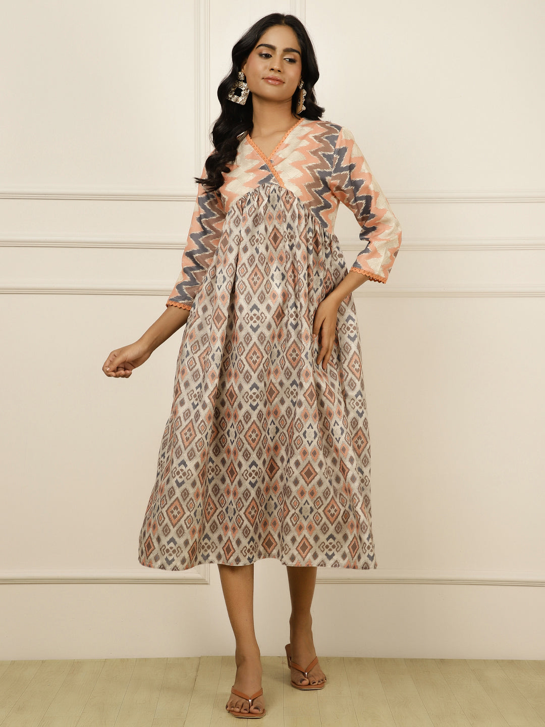 Peach Geometric Printed Gathered Dress