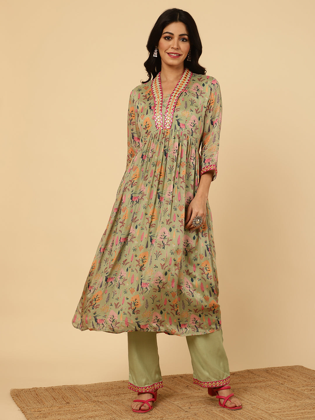 Green Mirror Embroidered Festive Kurta Set