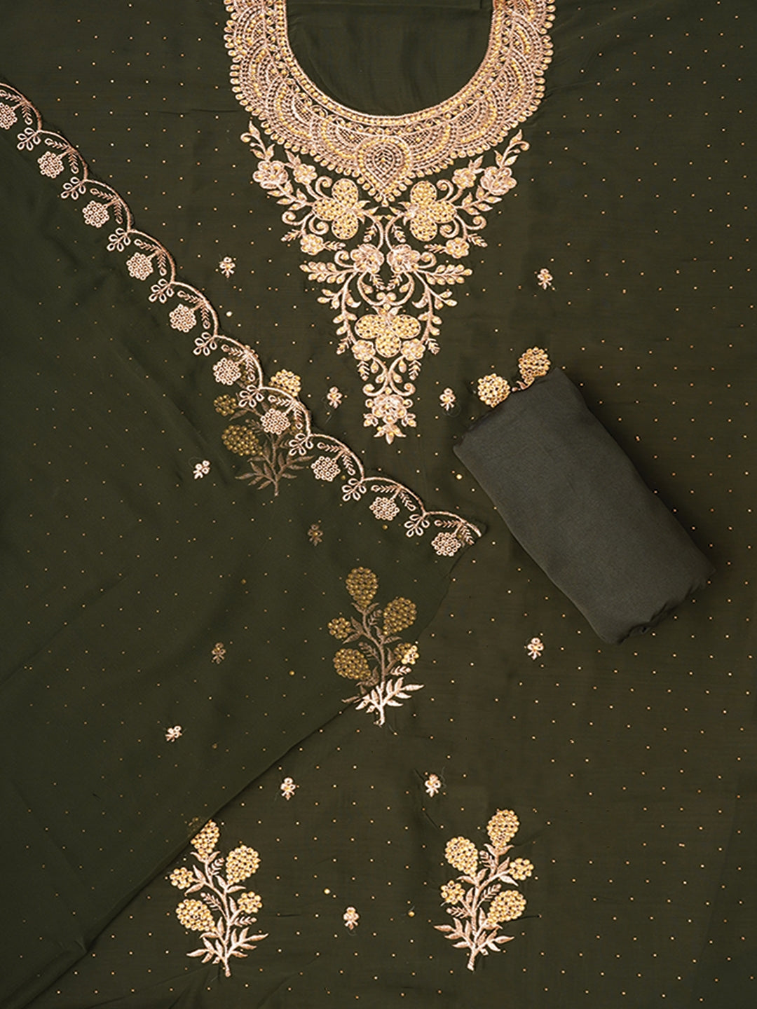 Zari Silk Georgette Mehandi Dress Material with Dupatta