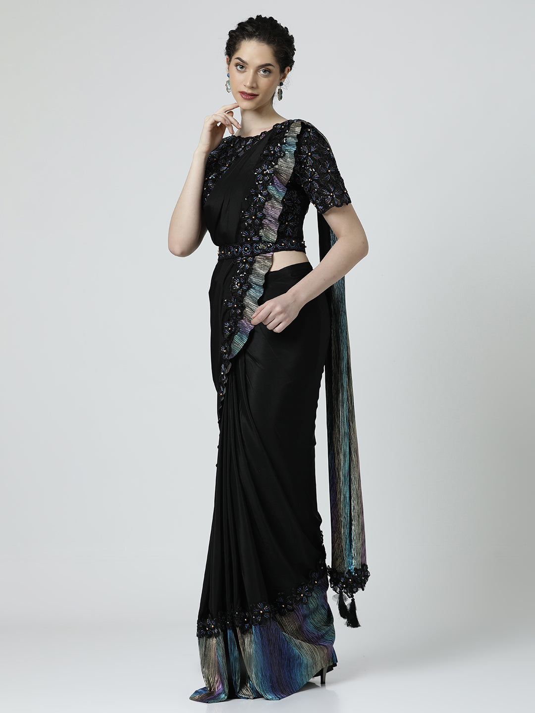 Pure Georgette Readymade Black Saree with Readymade Blouse