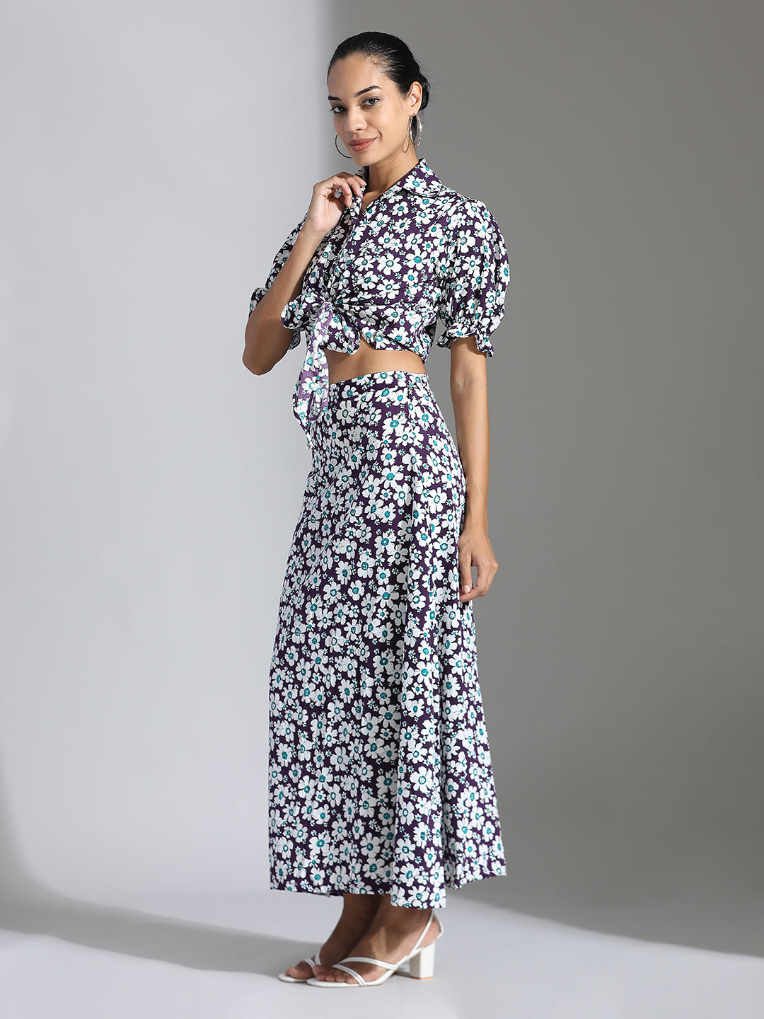 Purple Floral Printed Crop Top With Skirt Co-ord Set