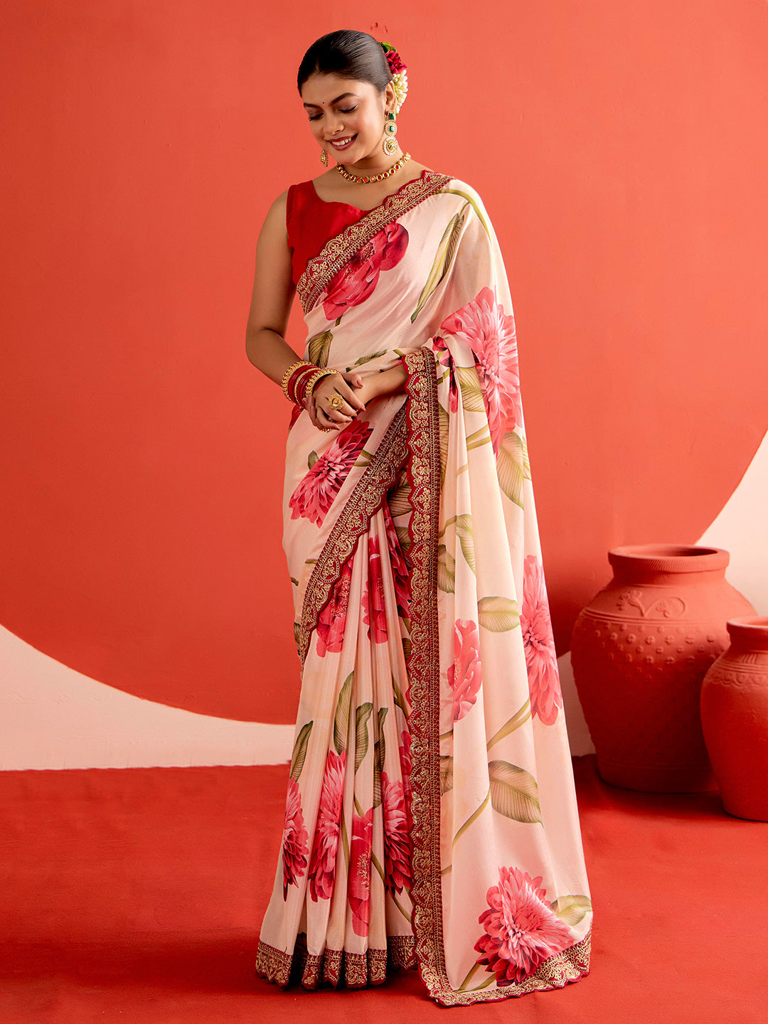 Floral Printed Fancy Lace Satin Saree