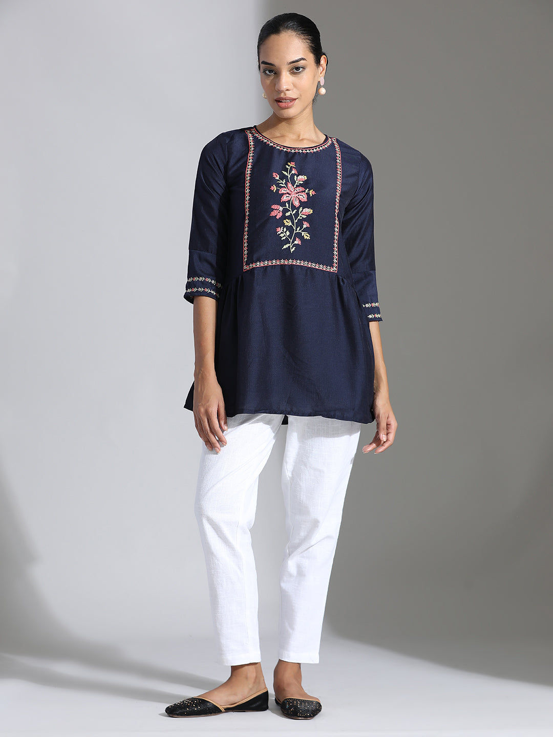 Navy Blue Embroidered Party Wear Peplum Top