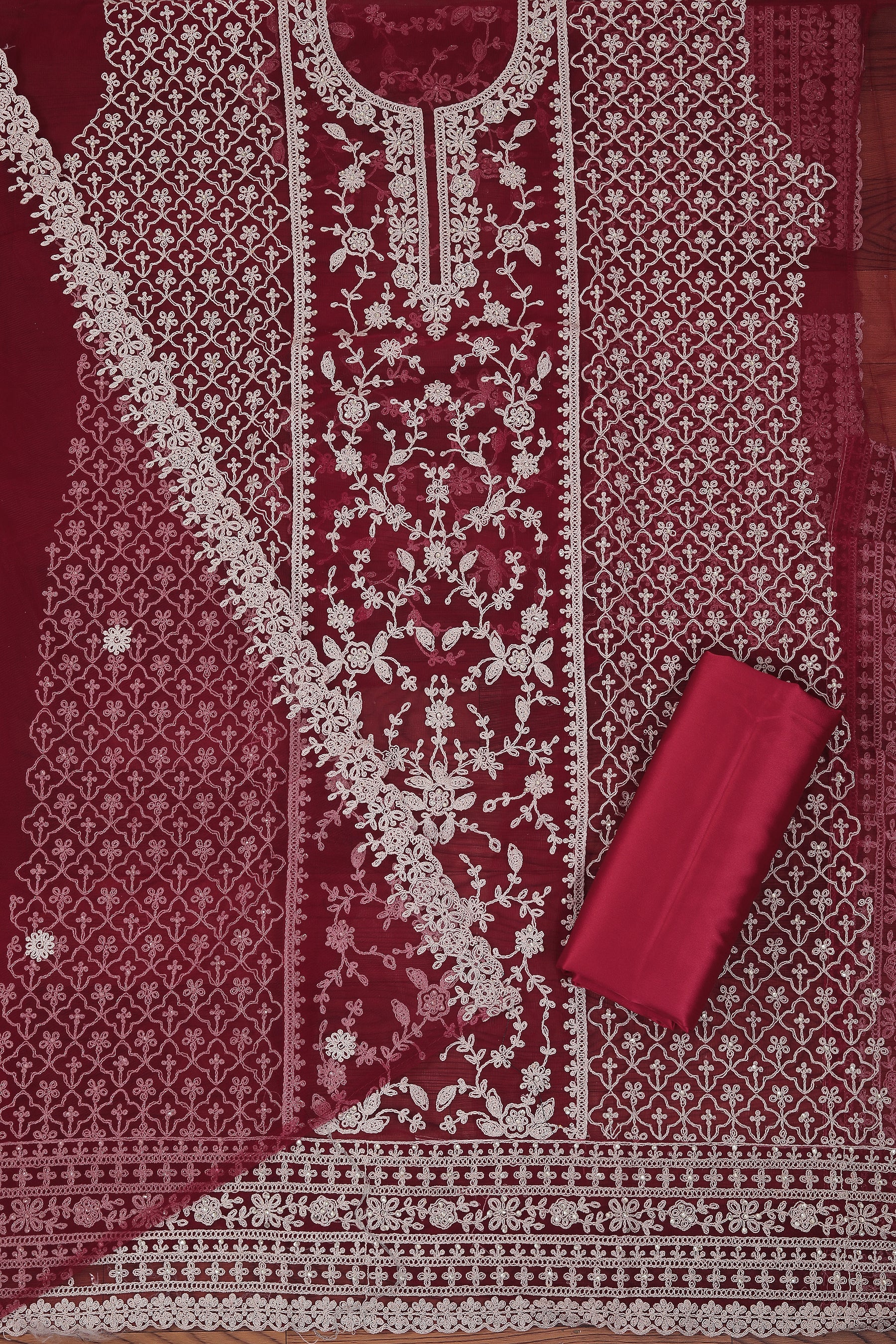 Maroon Heavy Embroidered Net Dress Material with Dupatta